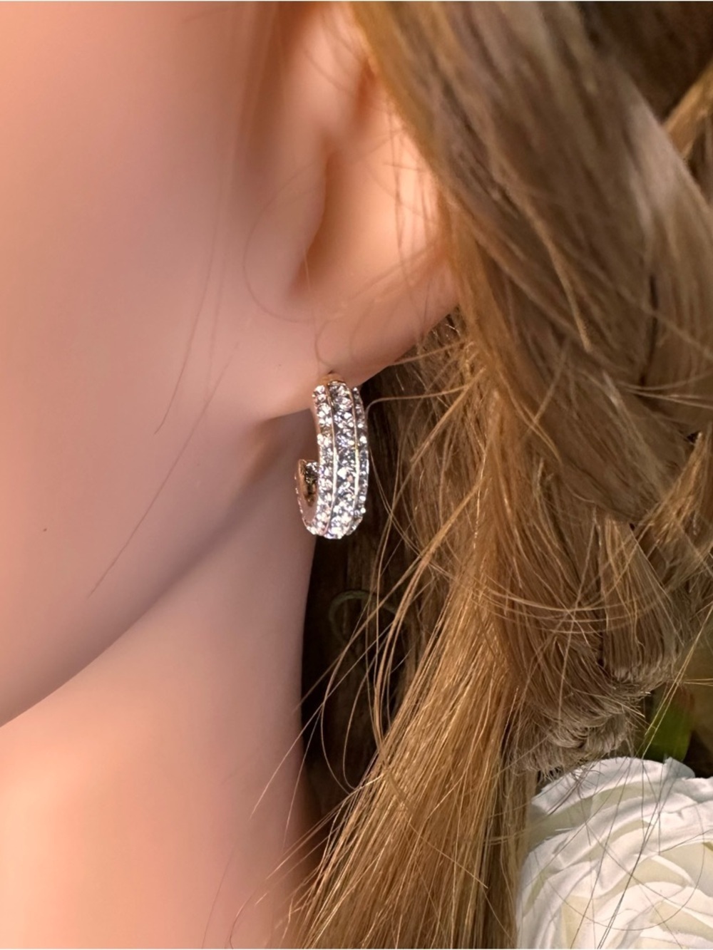Silver Tone CZ Pavé Semi Hoop Earrings Rhinestone Sparkle 0.65” NWT